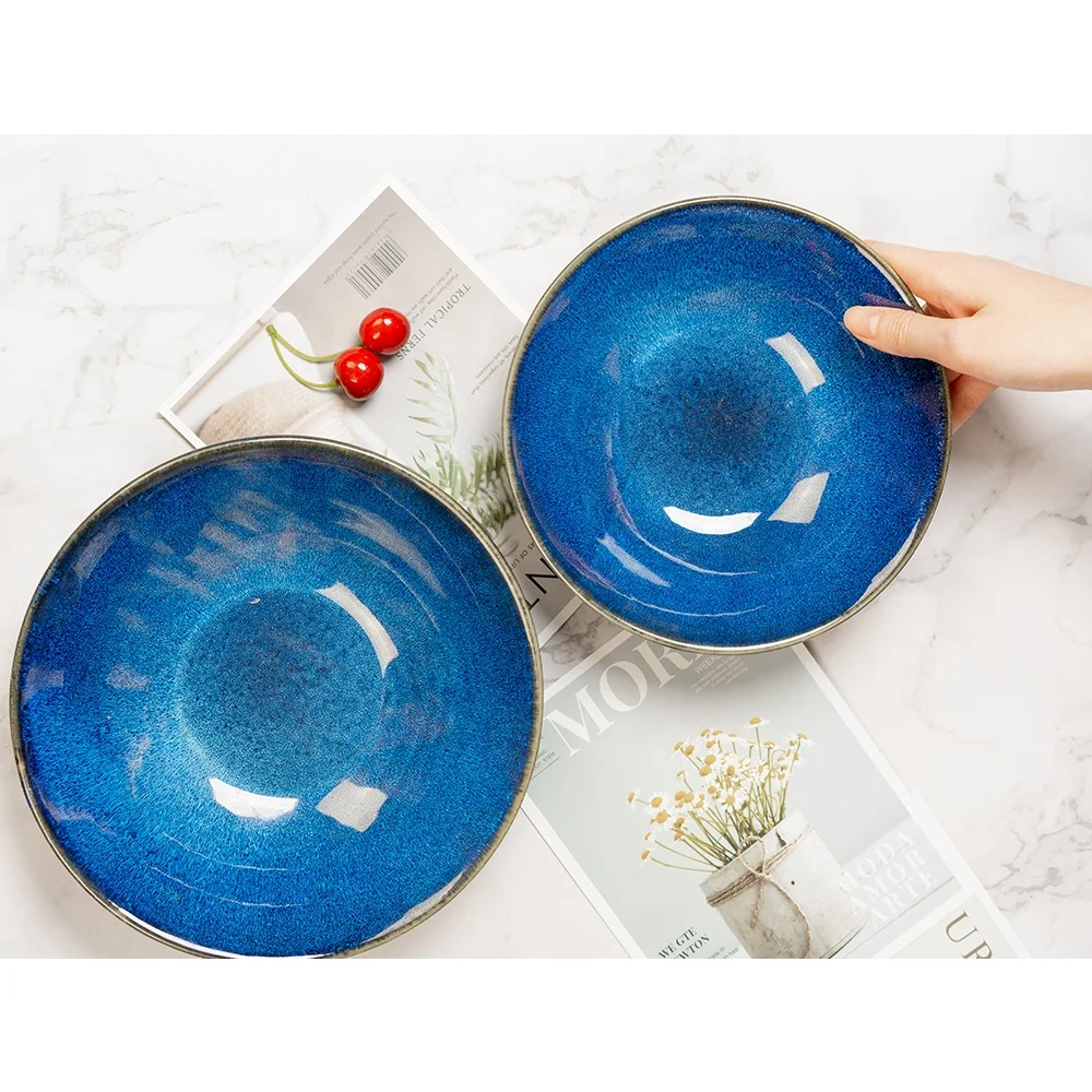 

8 inch 20cm blue glaze bowl 9inch 23cm ceramic Japanese kiln changed household tableware 6inch 15cm creative bowl