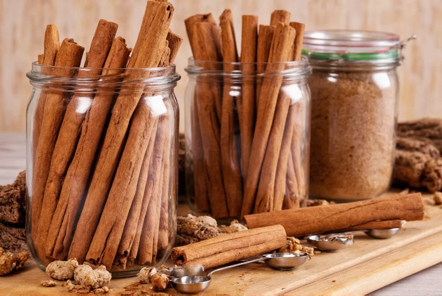 Hochwertige Zimtstangen im Bulk in Glasbehältern mit Messlöffeln