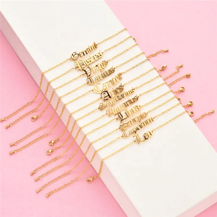 

High quality stainless steel 18K real gold plated zodiac English letter anklets bracelets for women jewelry, Gold/silver