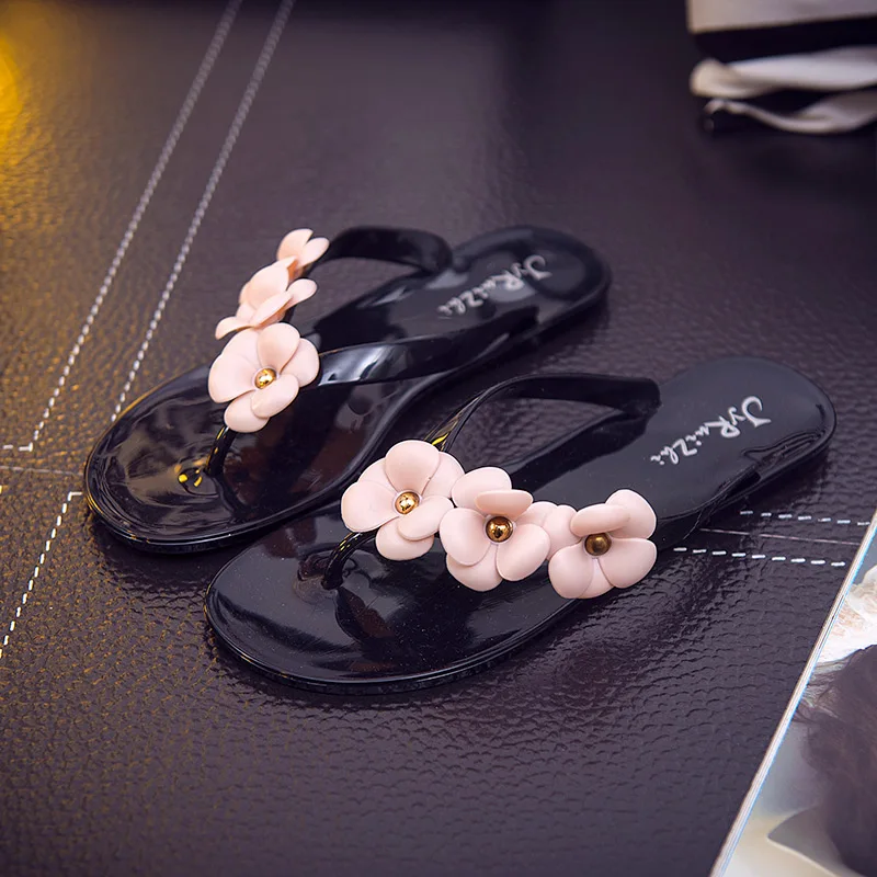 

Women's Slippers Shoes Flats Factory Direct Flower Jelly Sandal Flip Flop Transparent New PVC Outdoor  Commidea, Black/apricot