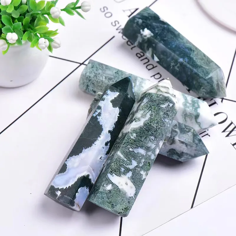 

Wholesale natural crystals wand tower healing gemstone stones natural green moss agate point for fengshui decorations