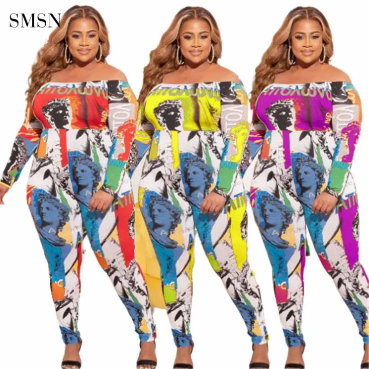 

High Quality 2021 Autumn Sexy Strapless Long Sleeve Pattern Print Women Plus Size Women Jumpsuits And Rompers