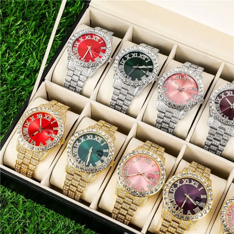 

2021 New Hip Hop Jewelry Watch Iced Out Rhinestones Quartz Watches Pink&Purple Dial Roman Numerals Watches Clock Relogio