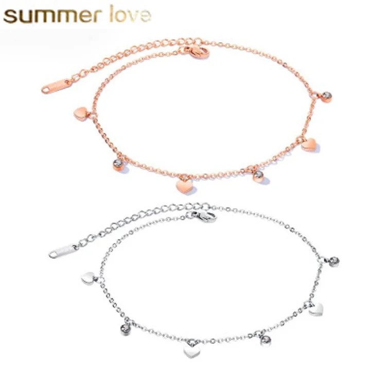 

Wholesale Simple Silver Rose Gold Love Anklet Charm Bracelet Chain Bracelets for Women Accessories Stainless Steel Jewelry, As picture