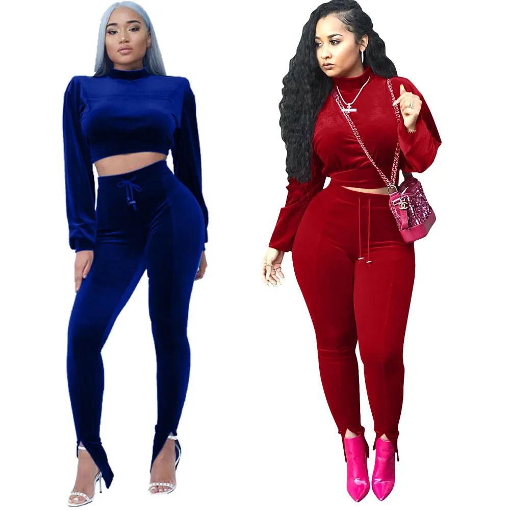 

Crop Top Long Pants Velour Women Clothing 2 Piece Set, Blue, red