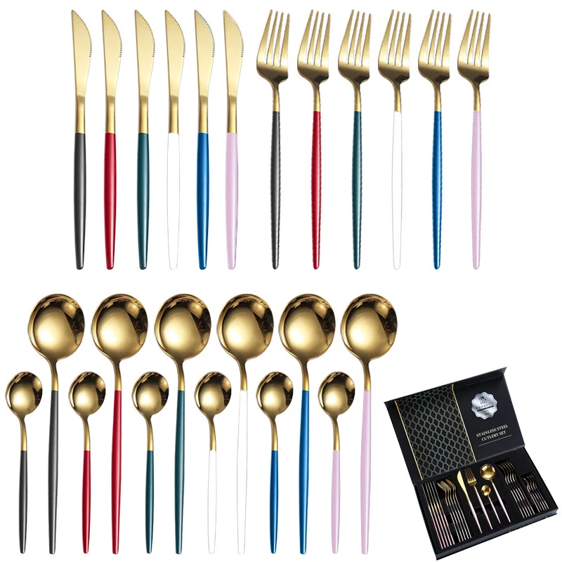 

Amazon 24pcs Gold Plated Flatware With Gift Box 304 Stainless Steel Fork Spoon Knife Cutlery Metal Tableware Set, Customized color