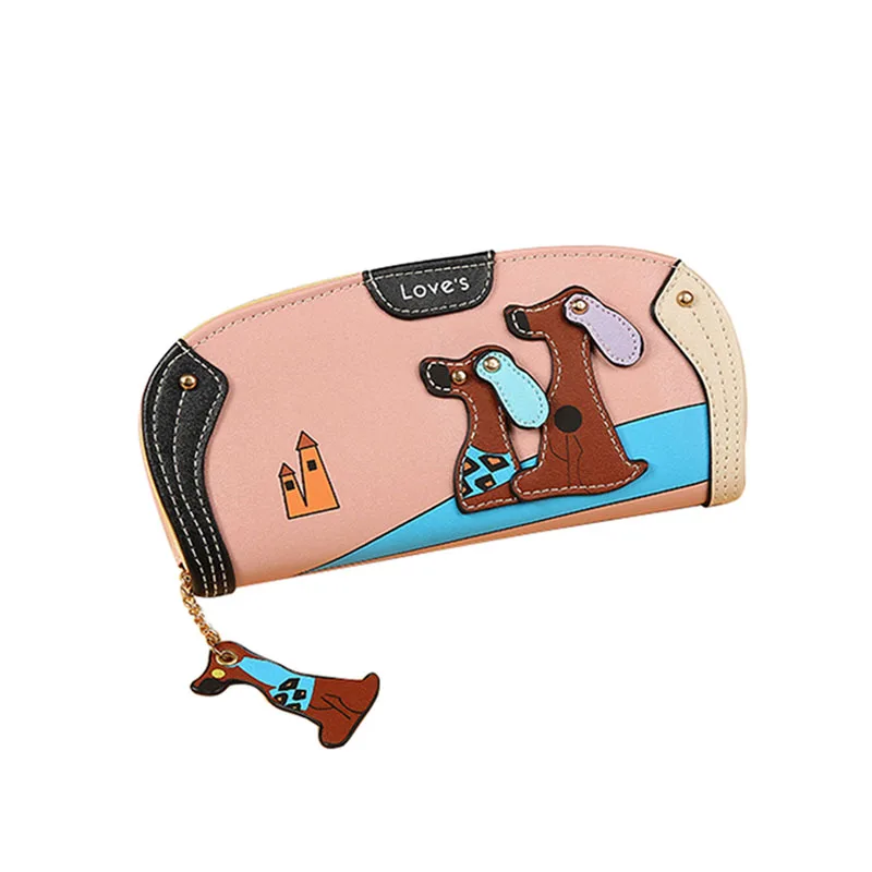 

Korean Version Cute Stitching Zipper Cartoon Puppy Kawaii Dog Pendant PU Long Fashion Clutch Bag Lady Wallet Cion Purse