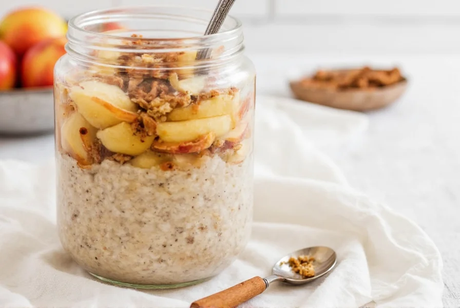 Step-by-step preparation of apple cinnamon overnight oats in mason jars showing ingredients being layered