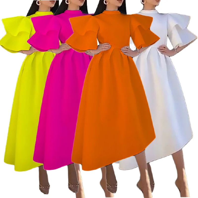 

D230 2022 Summer Double Layer Ruffle Sleeve Evening Dresses Solid Color Large Swing Party Dress Elegant Casual Dresses