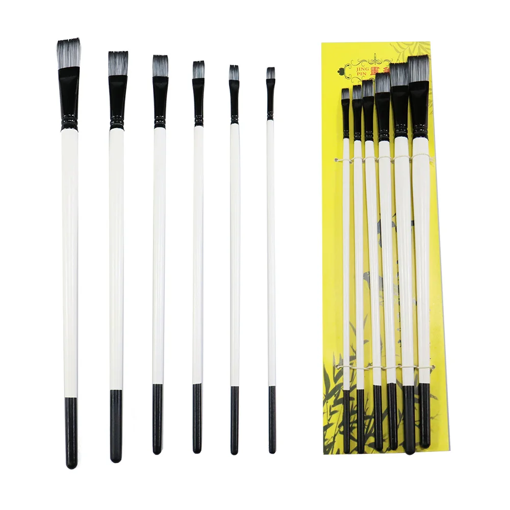 

6PCS white wooden pole Nylon flat head brush available for customization logo Artist flat painting brush
