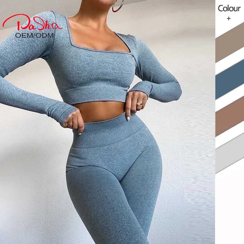 

Pashasunshine Seamless Workout Sets for Women 2 Piece Long Sleeve Crop Tops and High Waisted Leggings for Women Tracksuit Set, Multiple colors