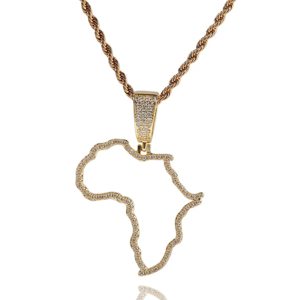 Men's Hip Hop Trendy Gold Silver Rose Gold Rope Chain Necklace Iced CZ Diamond Hollow African Map Pendant Zircon