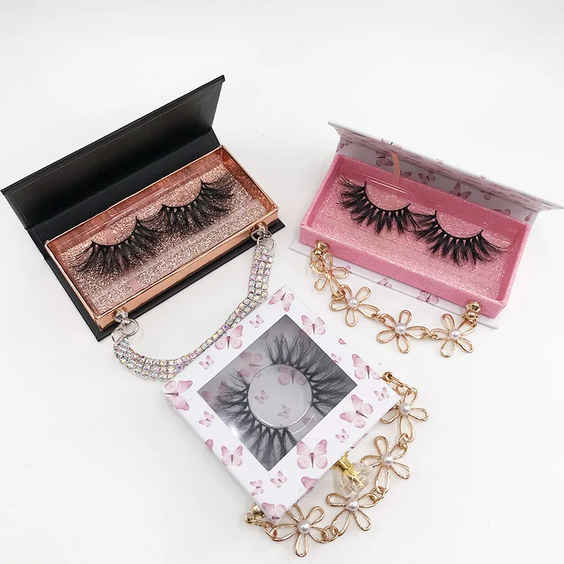 

Pink Butterfly Eyelash Box Empty Glitter Rectangle Magnetic Custom Lash Box with Chain for Mink Lashes, Different color