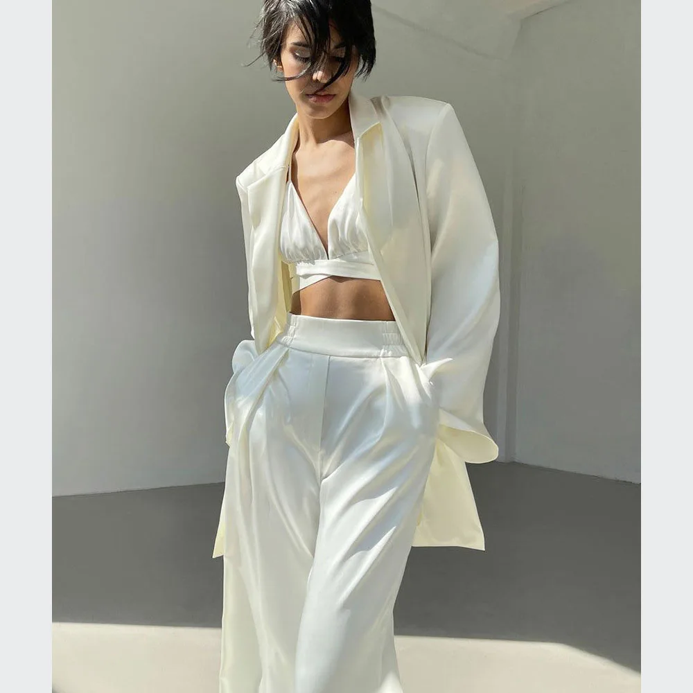 

2022 Spring Womens Clothing Two Piece Pants Set Satin Crop Top Fashion 3 Pieces Blazer Womens Sets