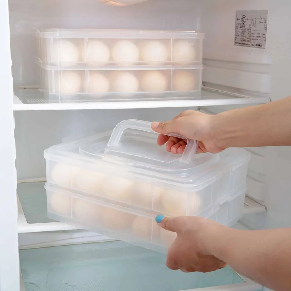 

Kitchen Double Layer Containers Eggs Storage Containers Box Refrigerator Organizer Plastic Case with Handle Fresh, White