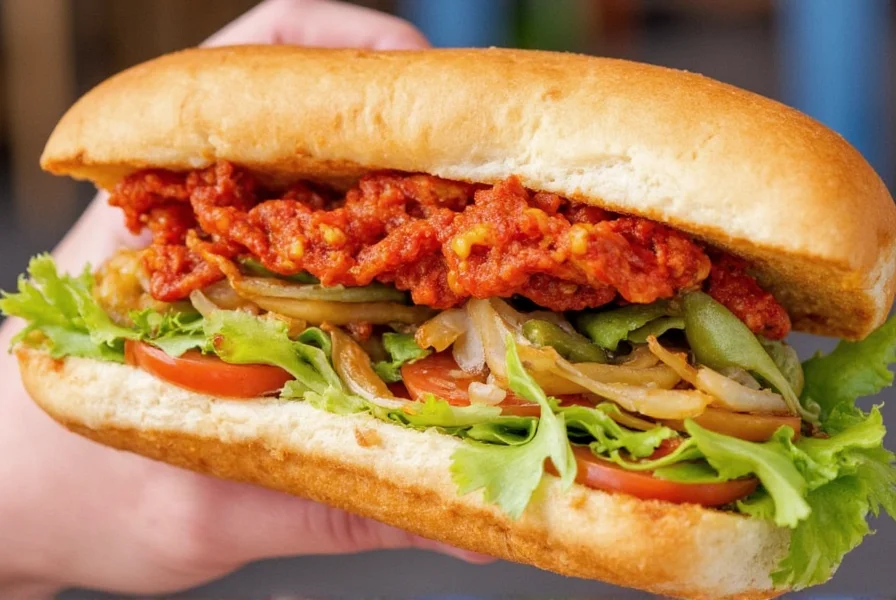 Close-up of pickled vegetables in a banh mi