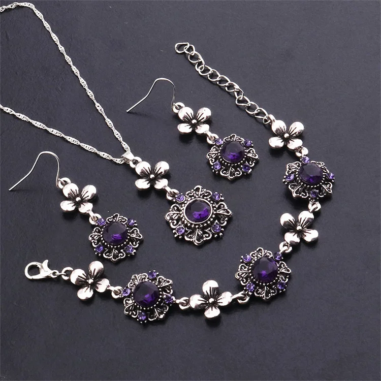 

Wholesale Ladies Vintage Purple Diamond Flower Earrings Bracelet Necklace Set Ancient Tremella Hook Jewelry