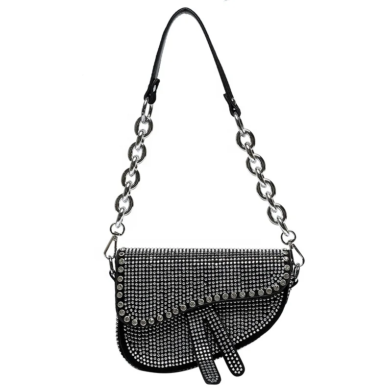 

Ladies Rhinestone Handbags Underarm Purses Party Evening Bling PU Leather Shoulder Saddle Bag, 2 colors