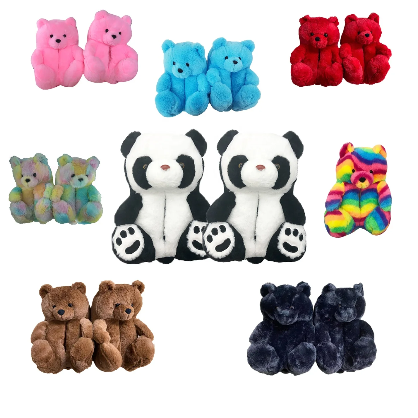 

Mommy and Me Factory supply cheap fluffy Women's Warm Cotton Soft rainbow plush kid teddy bear slipper for woman