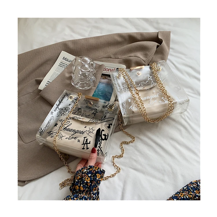 

Frosted Transparent Shoulder Tote Fashion Graffiti Printed Jelly Bags Female Document Handbag Chain Translucent Composite Bags