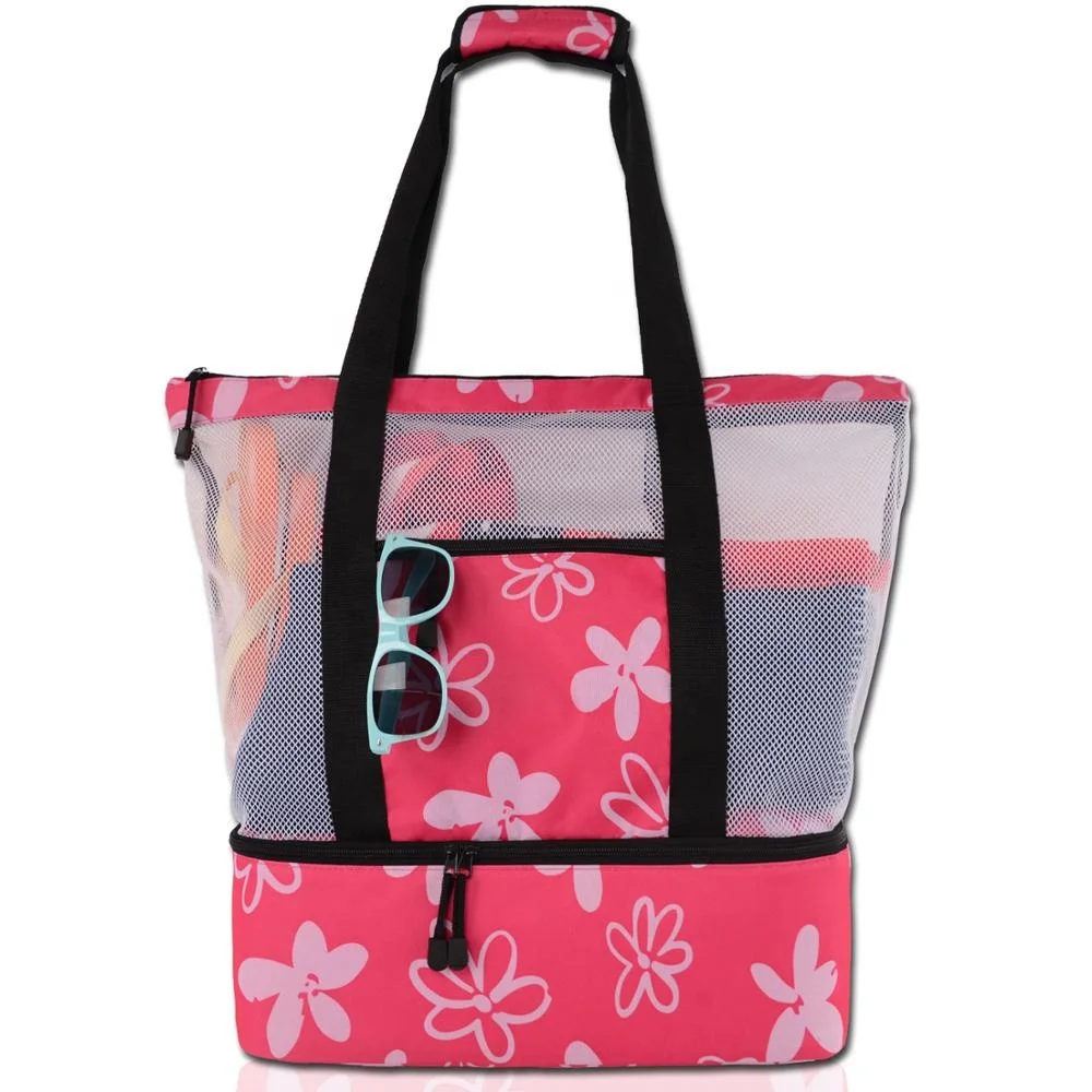 

flower pattern picnic package mesh beach tote bag insulated beach cooler bag, Rose red, green, yellow, blue