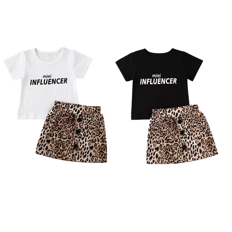 

Baby Summer Clothing 2pcs Toddler Kids Girl Clothes Short Sleeve Tops T Shirt Leopard Print Skirt Outfits Childrens Wear