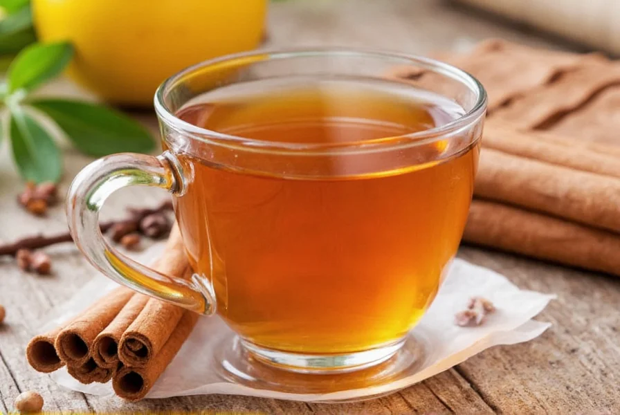 Three mugs of different cinnamon tea variations on a rustic table with cinnamon sticks and spices arranged artistically