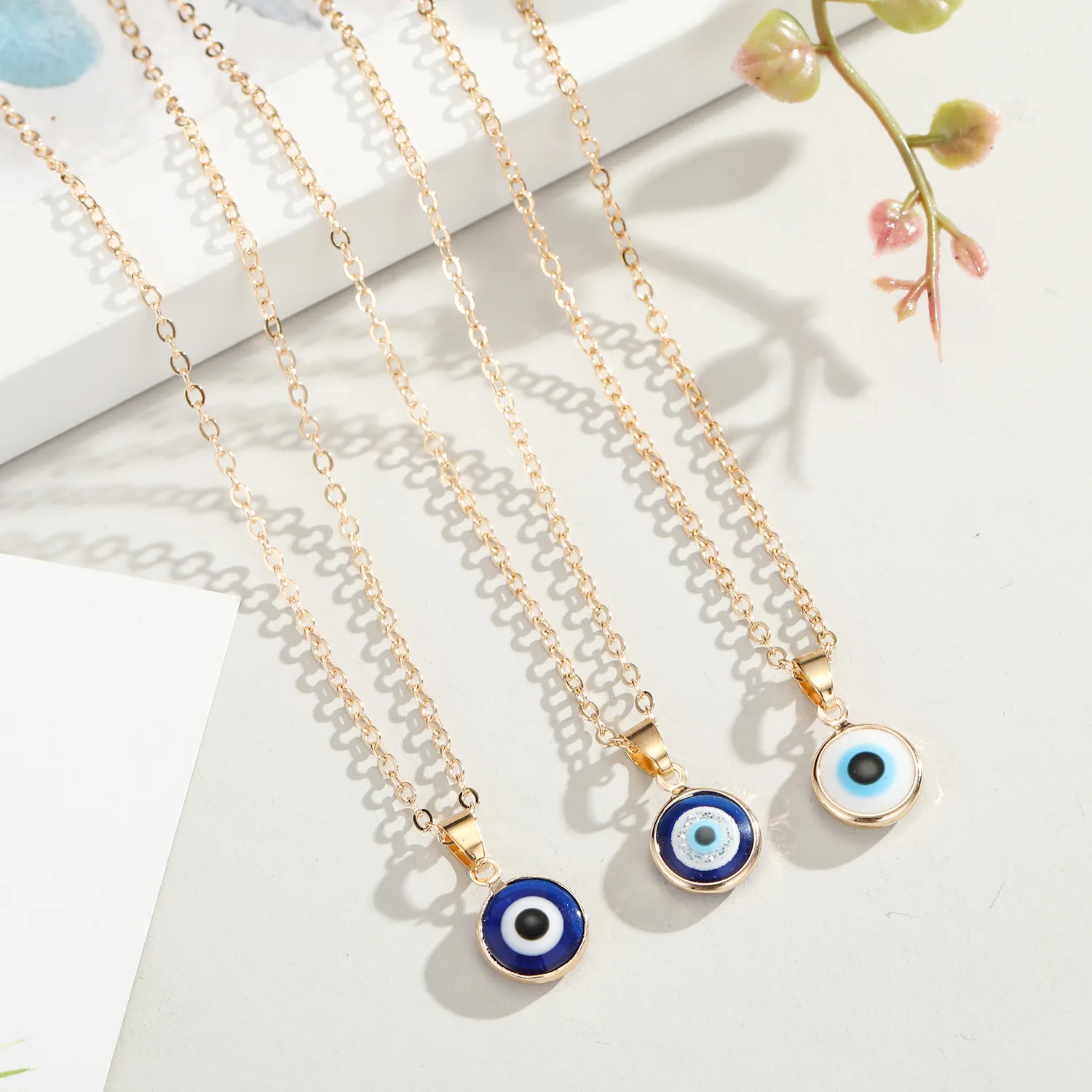 

18k Gold Plated Clavicle Chain 10mm Round Beads Evil Eyes Necklace Blue Turkey Eye Pendant Necklace