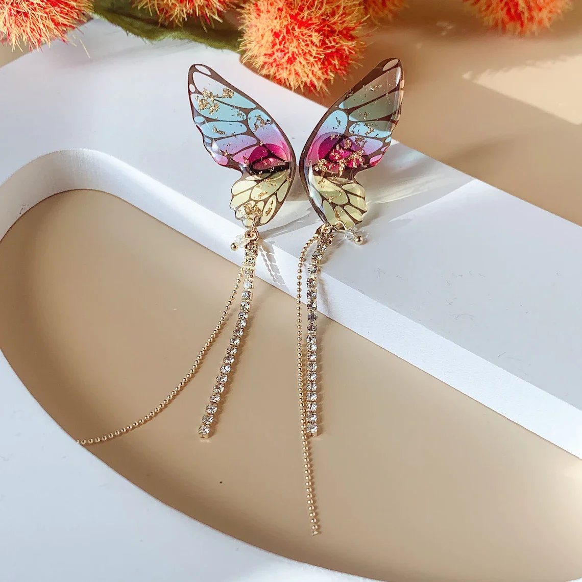 

R.Gem. Resin Social Butterfly Fairy Wing Statement Tassel Dangle Long Drop Korean Earrings