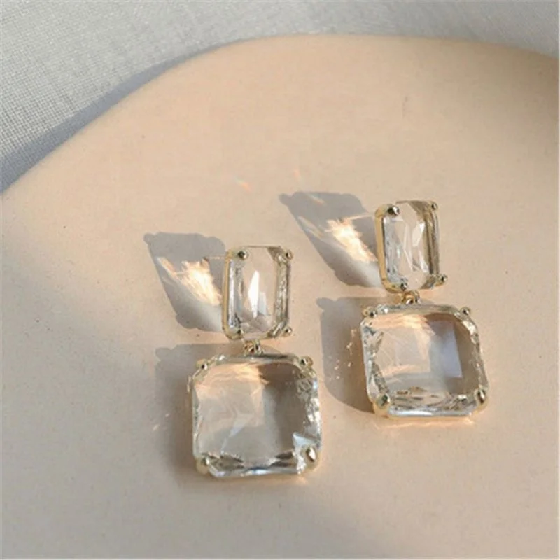 

Hotsale Design Sterling Silver Double Square Crystal Earring Geometric Clear Resin Drop Earring For Women, Transparent