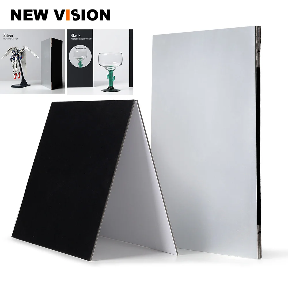 

AMBITFUL 2pcs 21cm * 29.5cm Reflector Black Silver White Background Paper Portable Thick Folding Board for Studio Shooting Props