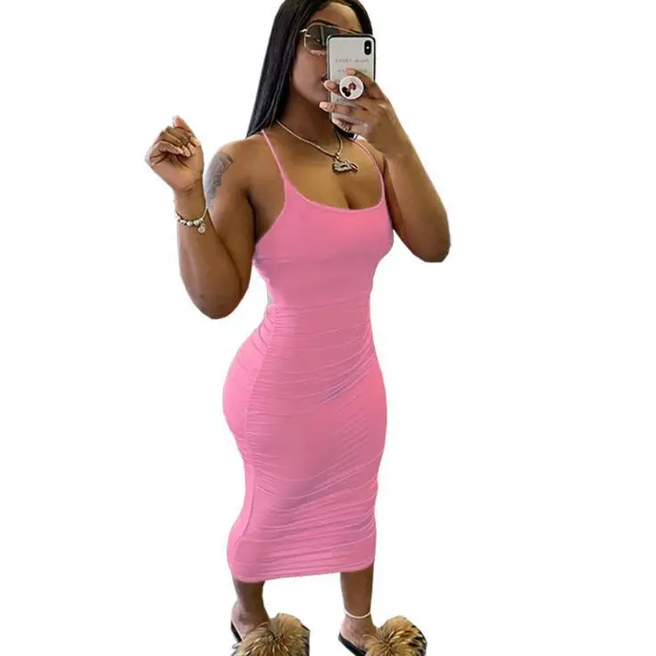 

Hot Sale Spaghetti Strap Dresses Lady Elegant Girls Solid Color Maxi Dresses Women Stacked Sundresses, Picture shows