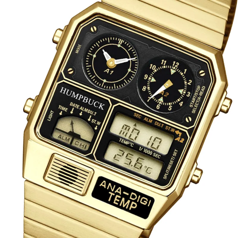 

HUMPBUCK Digital Luxury Multifunction Watches Quartz Stainless Steel Men Wrist Sport Gold Watch
