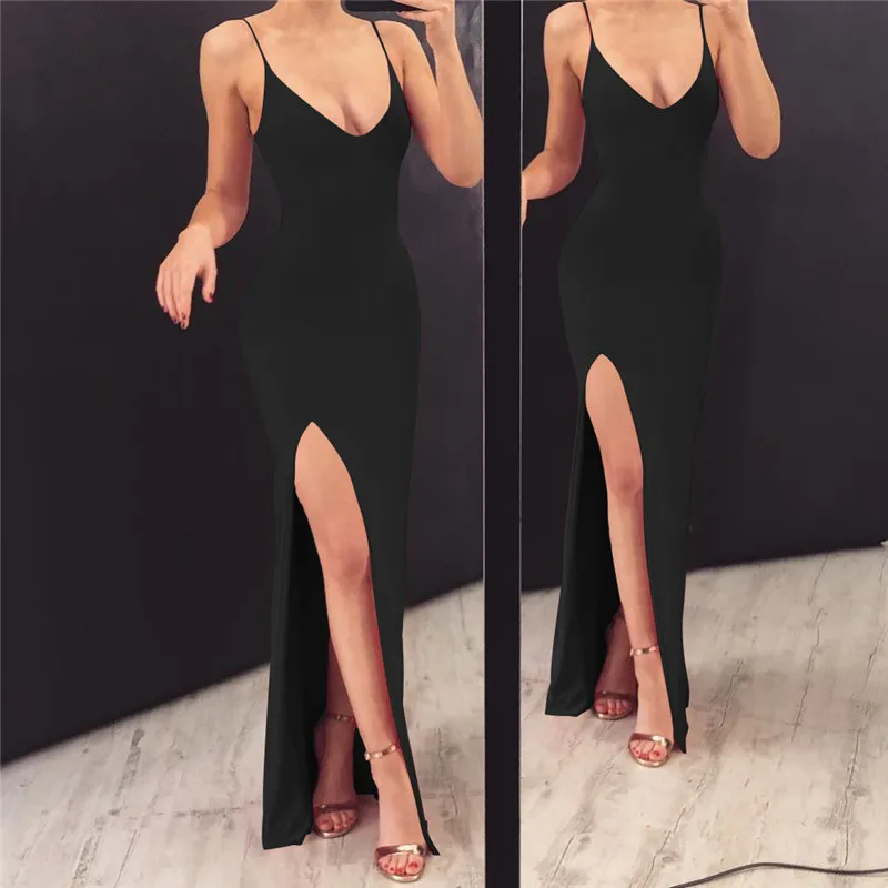 

Wangmu 2021 summer new sexy V-neck fashion sleeveless sling high slit evening maxi dress women JZ456, Picture color