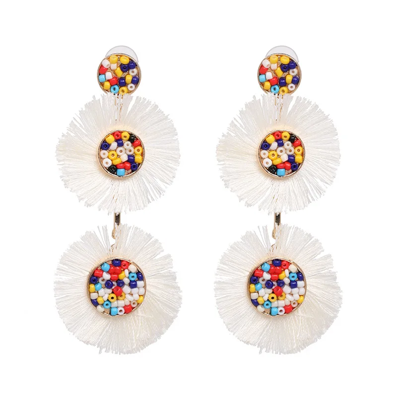 

Fashion Creative Double Round Tassel Stud Earrings Ethnic Bohemian Colorful Diamond Earrings, As picture show