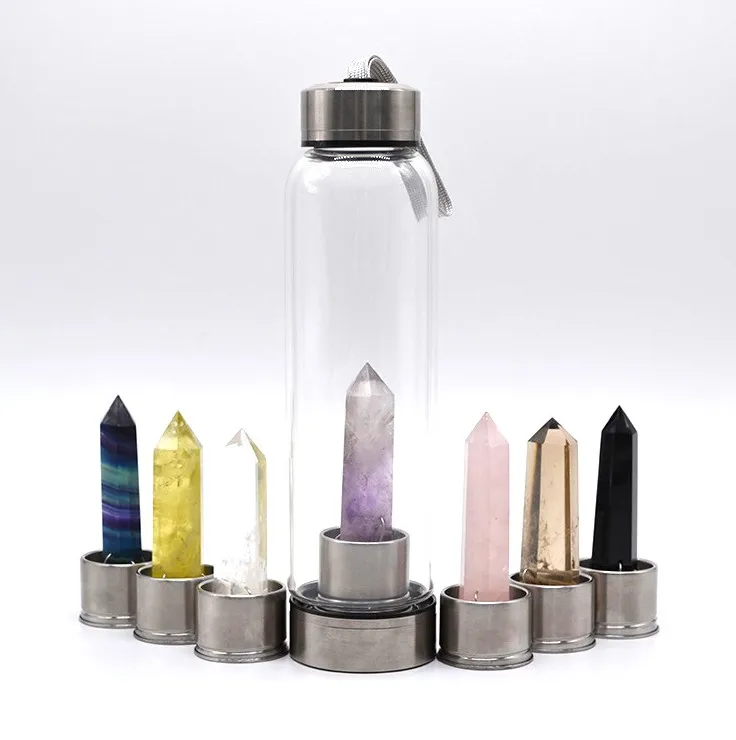 

Bulk Wholesale Borosilicate Glass Healing Gemstone Crystal Infused Water Bottle