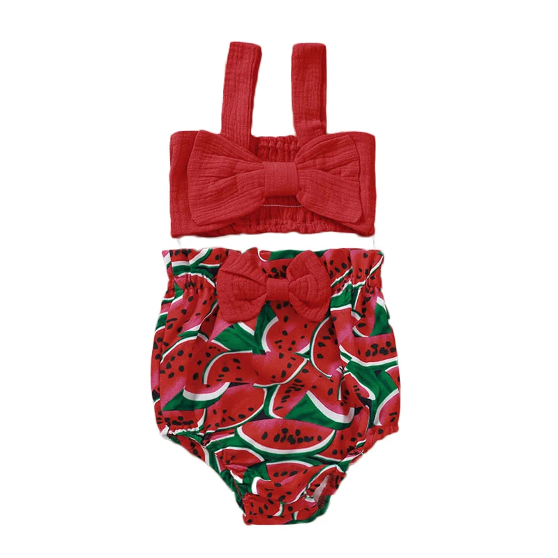 

Wholesale watermelon print shorts sling bow top two pieces children newborn kids infant baby clothing sets
