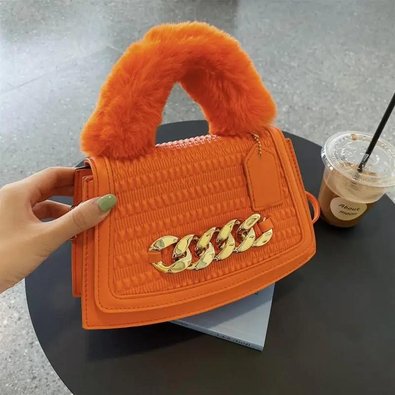 

Wholesale Pleated Plush Portable Ladies Shoulder Bag Luxury Small Square Bag Thick Chain PU Leather Crossbody Messenger Handbag, Blue,red,black,orange,yellow,brown,white,khaki,pink