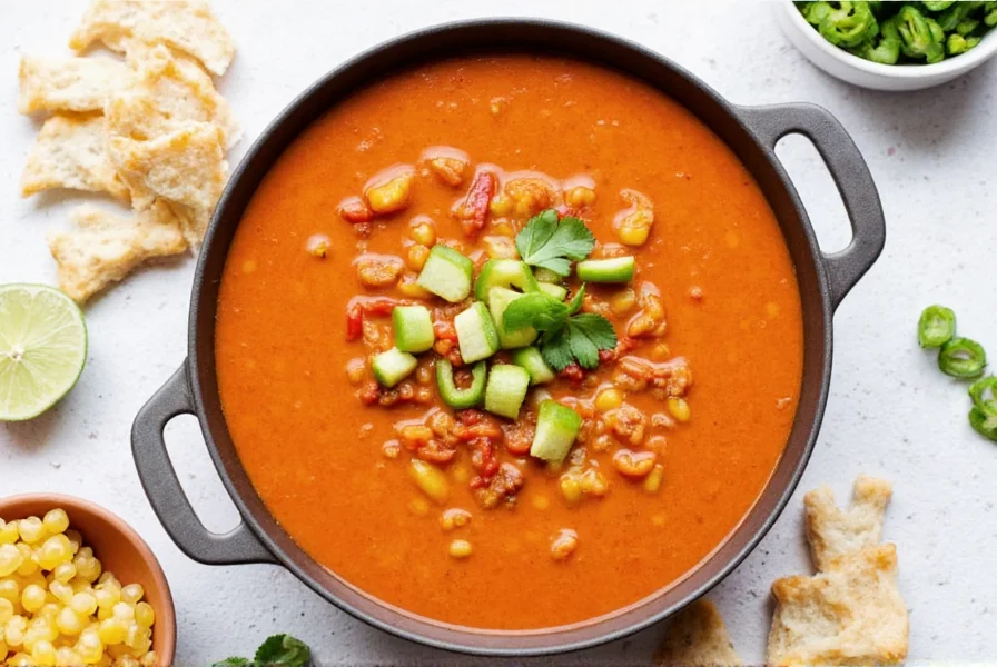 Homemade chile soup served on rustic wooden table