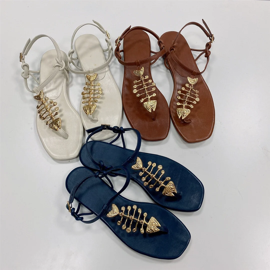 

Summer New Original Single TB Small Square Toe Flip-flop Sandals Open Toe Flat Metal Beach Roman Shoes, Picture