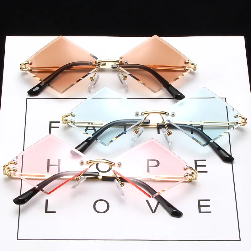 

Popular Fashion Square Retro Vintage Frameless Durable Metal Hinge Shades Trendy Colorful Rimless Sunglasses Women, Custom colors