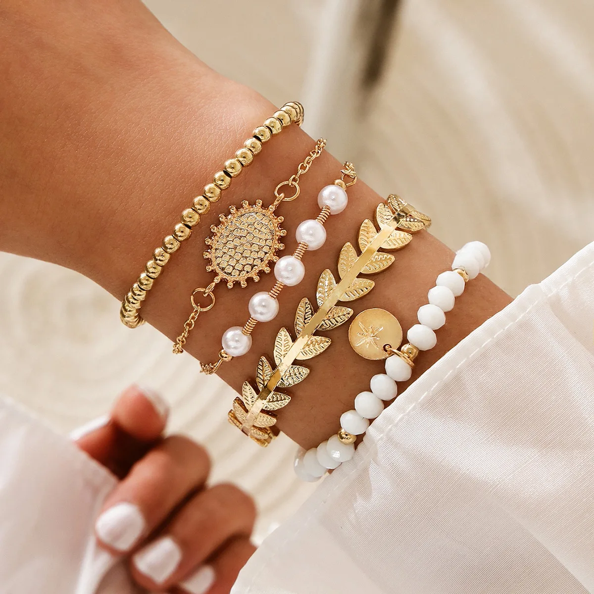 

5 Pcs/set gold plated sunflower leaves bangle bracelet natural pearl beaded bracelet