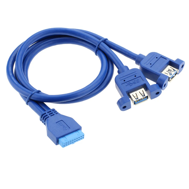 

USB 3.0 Motherboard 19pin 20pin to USB 3.0 Female Dual Ports extension cable cord 30cm 50cm 80cm 1ft 2ft with Screw Mount Type, Blue