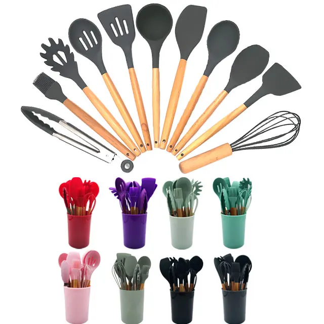 

17 Pieces In 1 Set Heat Resistance Kitchen Accessories Wooden Handle Cooking Tools Utensil Set Silicone Kitchen Utensil Set, Gray, purple, pink, blue, black, cyan, red