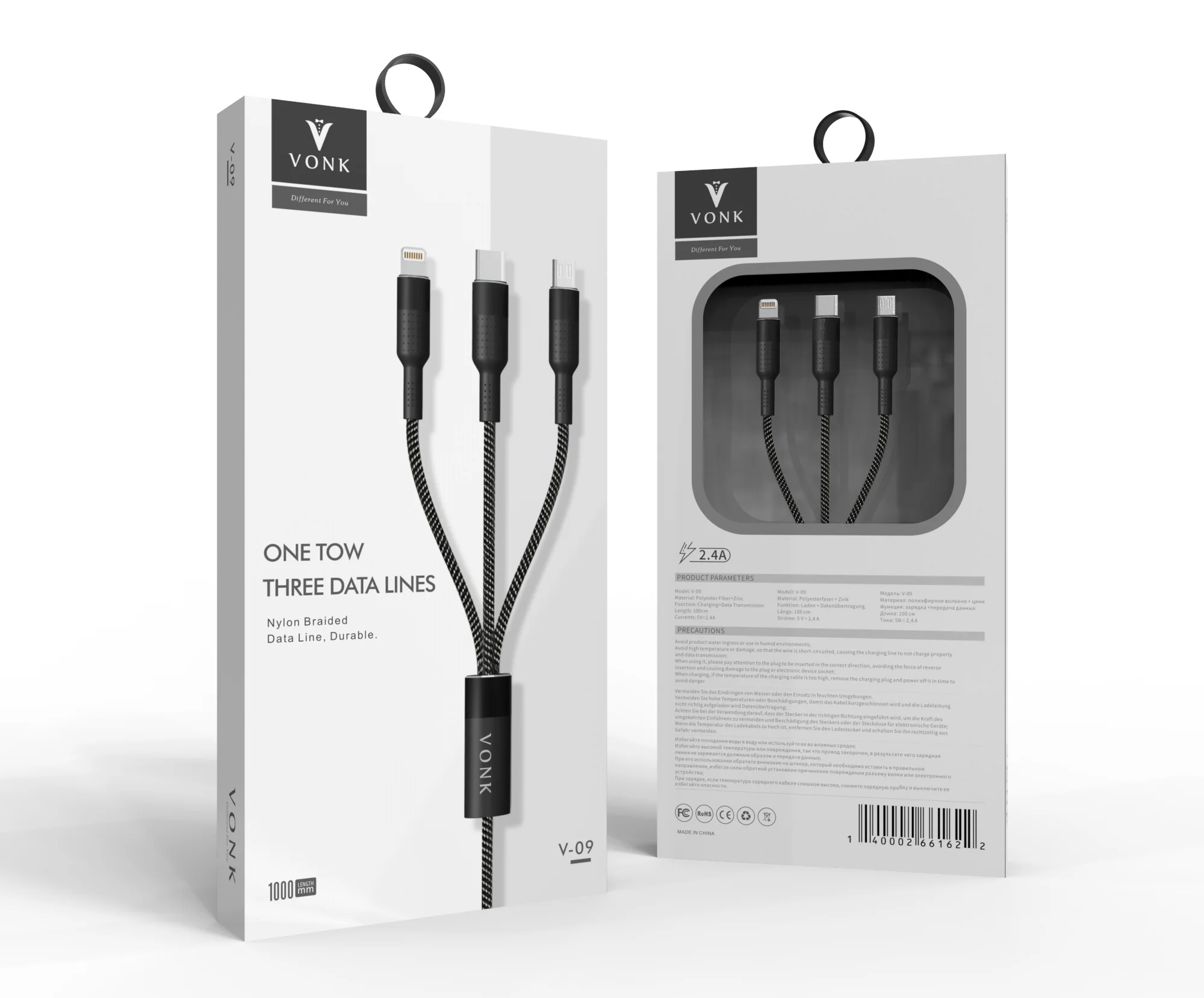 

Hot Selling Item VONK V09 Fast Charging Cable 3 IN 1 USB Mobile Phone Data Line, Black red blue