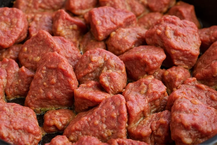 Close-up of perfectly seared beef chunks for chili preparation showing proper browning