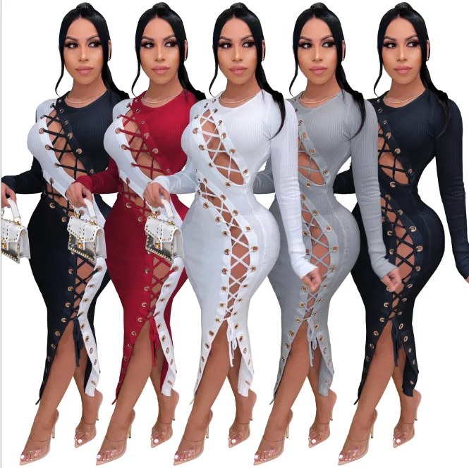 

Foma G0354 Fashion Long Sleeve Ribbed Lace up Dress 2020 Dresses Women Sexy Dresses, As the pic