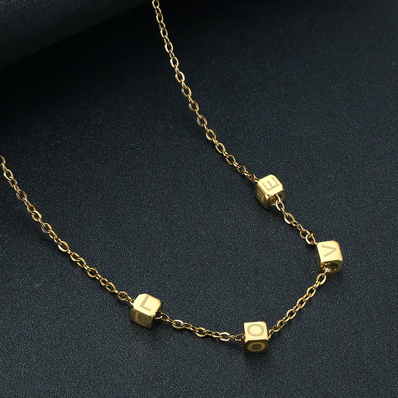 

Fashion Real Gold Plated Stainless Steel Love Letter Necklace Exquisite Titanium Steel Love Square Pendant Necklace For Party