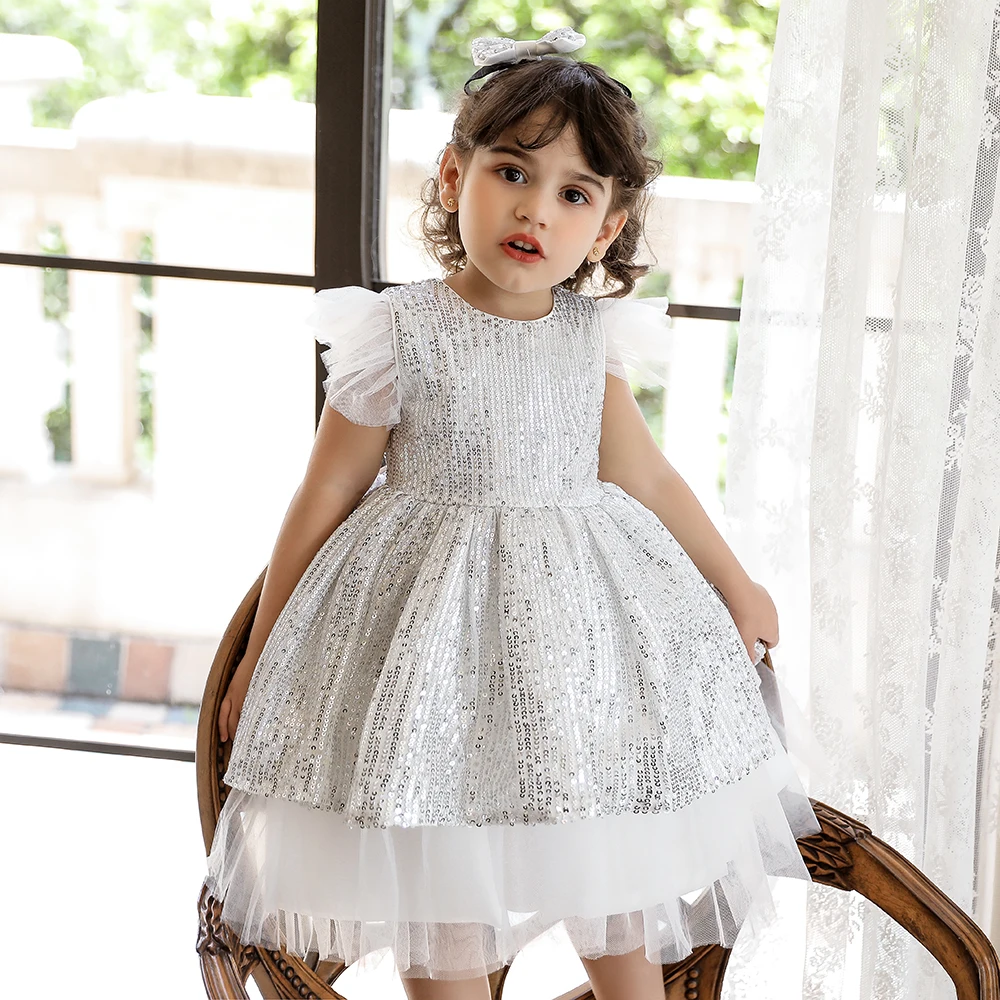 

MQATZ Sequined Baby Girl Dress Sweet Party Princess Dress Flying Sleeve Shining Ball Gown L2008XZ