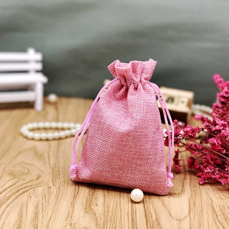 

pink satin linen organic cotton drawstring packaging bag customized small mesh linen jewelry burlap drawstring pouch